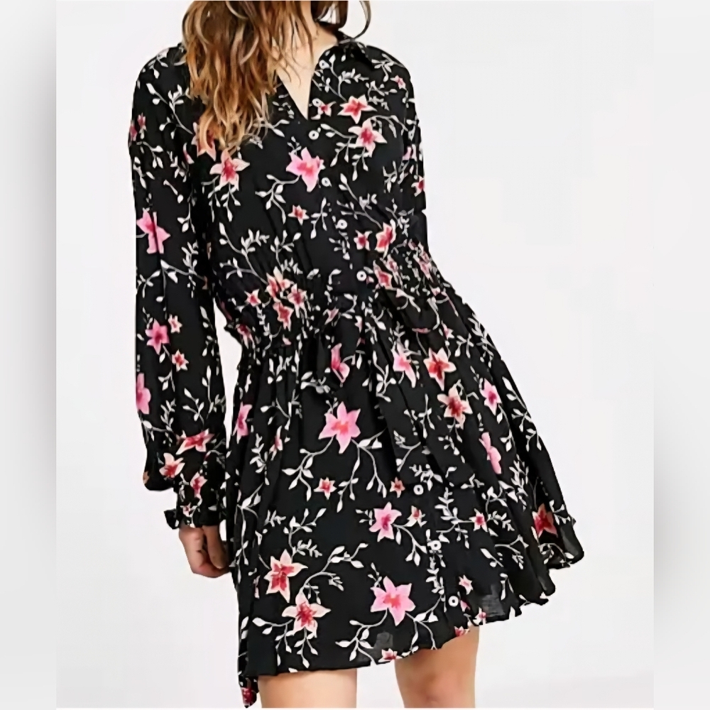 Free People Black Floral Button Up Long Sleeve Mini Dress Medium Whimsigoth